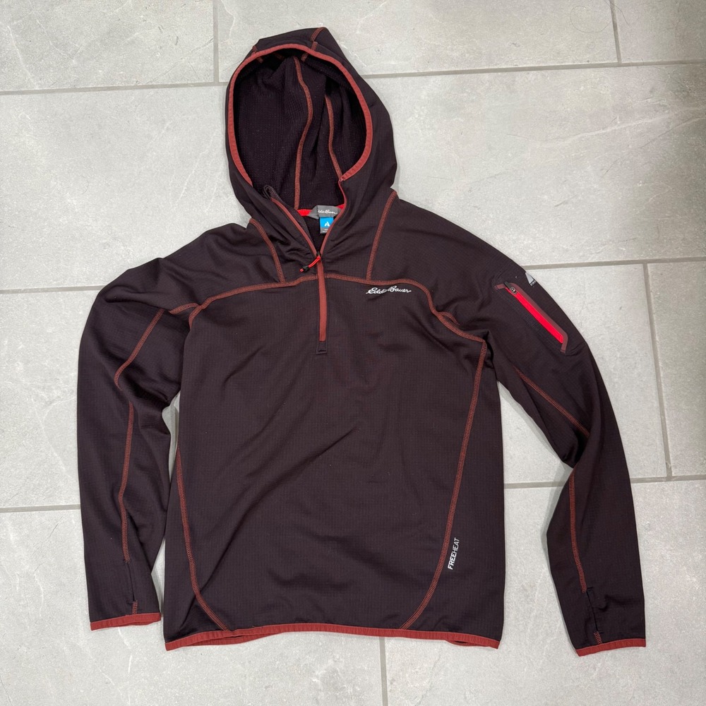 Eddie Bauer First Ascent FreeHeat Mens Small Maroon Grid Fleece 1/4 Zip Hoodie
